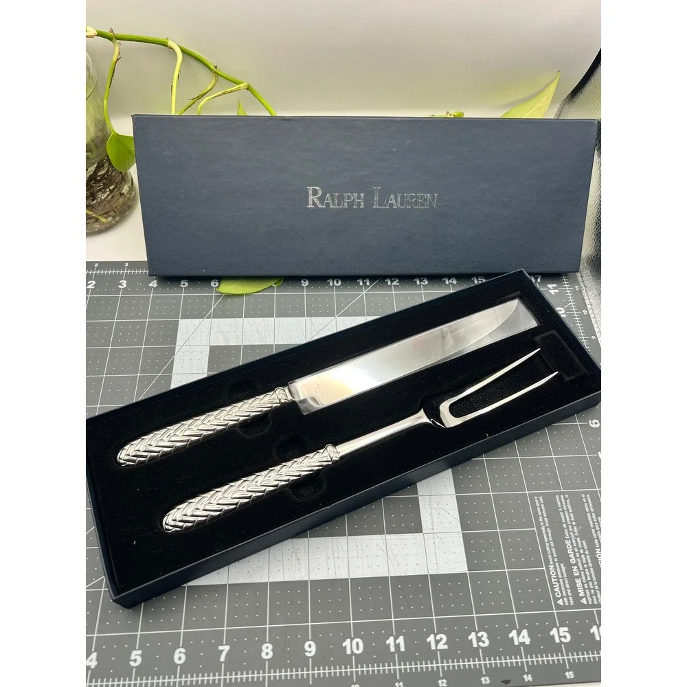 Ralph Lauren Equestrian Braid 2 Pcs Roast Carving Set Silverplate 1991